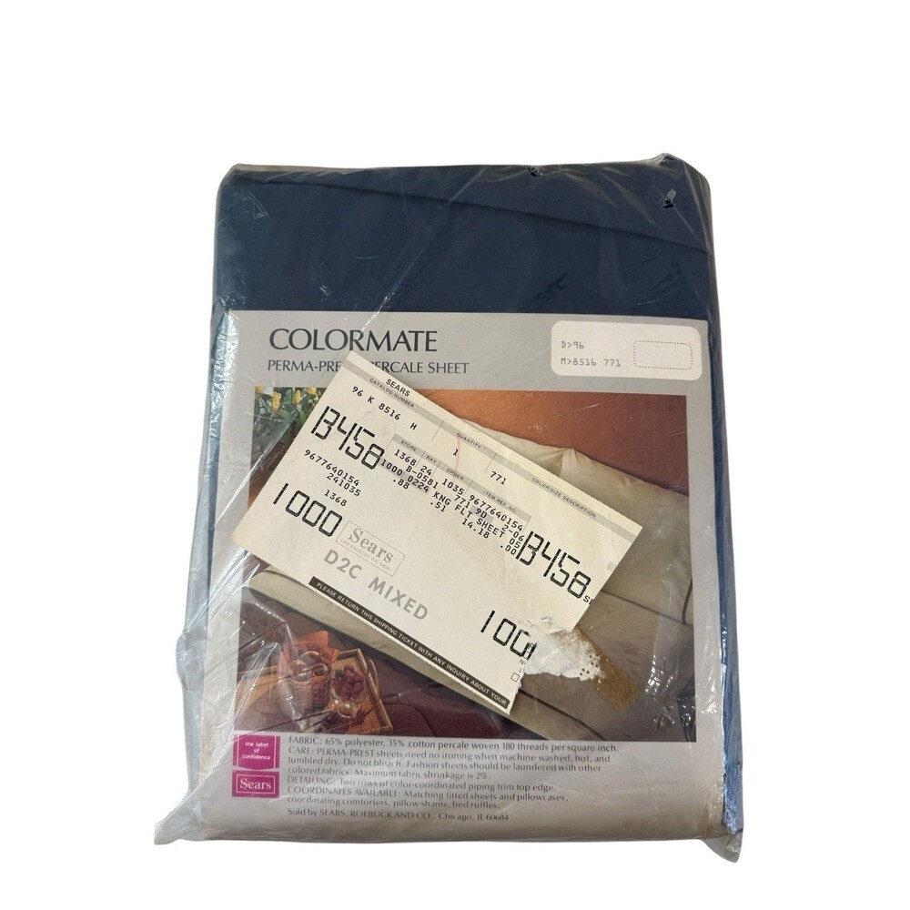 Rare Colormate Perma Prest Percale Sheet King Size Flat Sheet Blue Vintage New